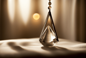 Pendule divinatoire posé sur une table d'ésotérisme